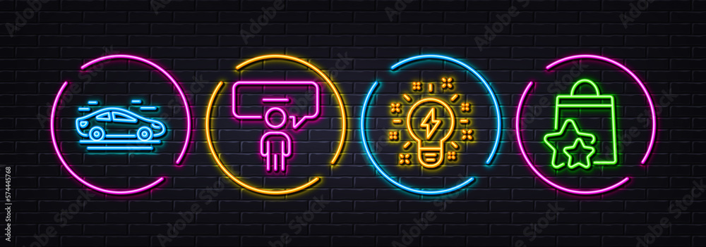 Car, Inspiration and Consulting business minimal line icons. Neon laser 3d lights. Loyalty points icons. For web, application, printing. Transport, Creativity, Conference. Bonus bags. Vector