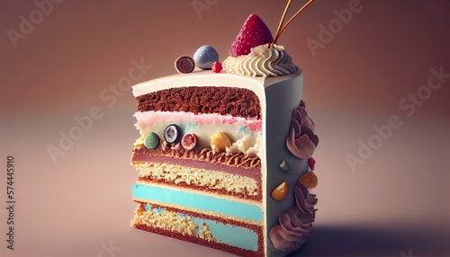 A close-up of a slice of cake with layers of frosting and decorations AI Generated