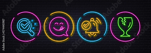 Notification received, Yummy smile and Chemistry lab minimal line icons. Neon laser 3d lights. Fragile package icons. For web, application, printing. Alarm approved, Emoticon, Lab research. Vector