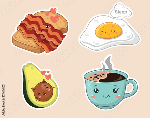 Kawaii breakfast stickers set. Collection of graphic elements for website. Avocado, mug of coffee or tea, scrambled eggs and bacon toast. Cartoon flat vector illustrations isolated on white background