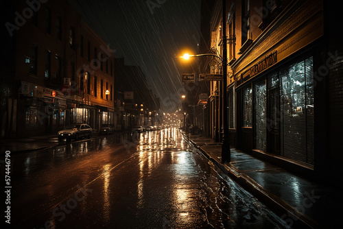 city street, night time, dark, raining , ai art illustration  © vvalentine
