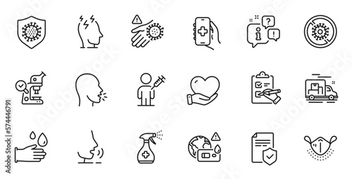 Outline set of Insurance policy  Medical cleaning and Volunteer line icons for web application. Talk  information  delivery truck outline icon. Vector