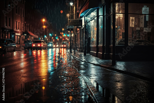 city street, night time, dark, raining , ai art illustration 