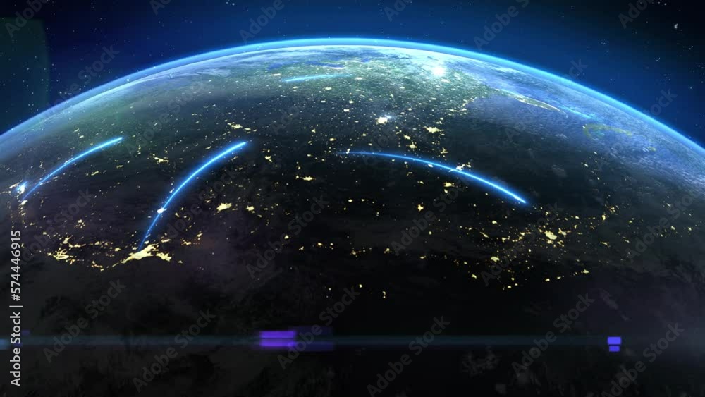 Mobile and technological signals are spreading over the American continent. Global digital network, big data transmission, international trade. Air travel routes. Worldwide communications network. 4k.