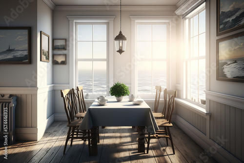 painting of a dining room with a view of the ocean, ai art illustration 