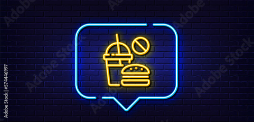 Neon light speech bubble. Stop Fast food line icon. Hamburger with soda drink sign. Unhealthy burger symbol. Neon light background. Fast food glow line. Brick wall banner. Vector
