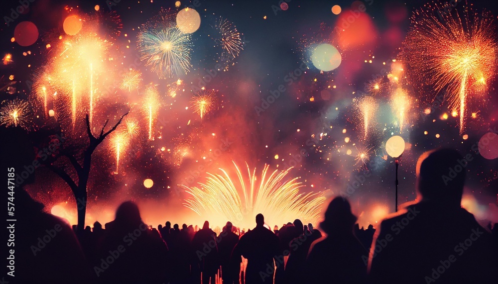 A dazzling bokeh background of sparkling fireworks in the night sky with a crowd of people in the foreground AI Generated