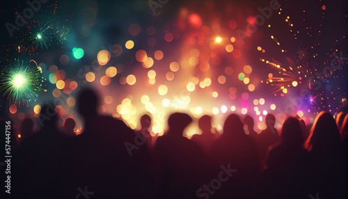 A dazzling bokeh background of sparkling fireworks in the night sky with a crowd of people in the foreground AI Generated