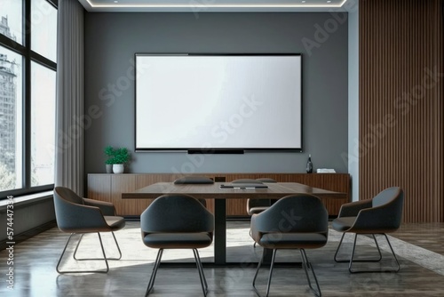 Large blank screen in the office meeting room , modern interior. Table, chair seats, presentation display, window. Mock-up template.