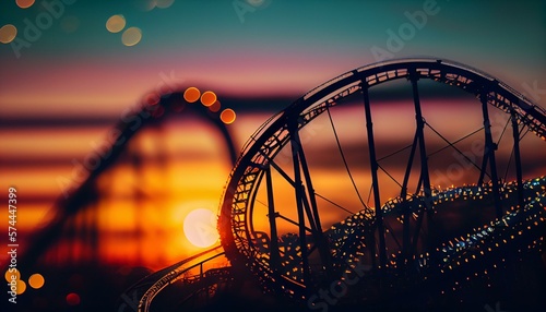 An exciting bokeh background of a rollercoaster with a colorful sunset in the background AI Generated photo