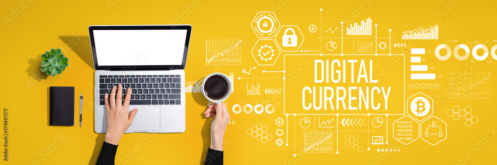 Digital currency theme with person using a laptop computer Digital currency theme with person using a laptop computer