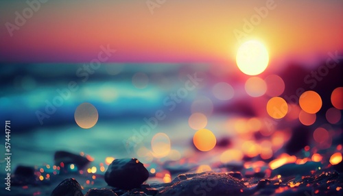 Fotografiet A peaceful bokeh background of a beach with a calm blue ocean and colorful sunse