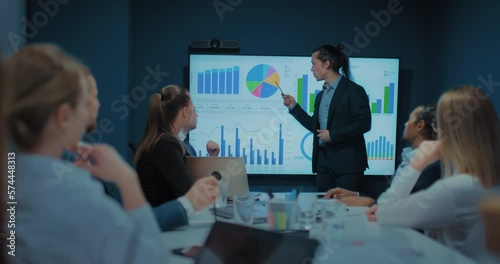 business expert speaking in front of investors in meeting room, speaker against chart, 4K, Prores
