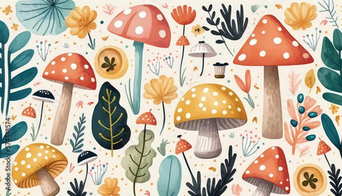 A charming and whimsical Anthropologie wallpaper with a mushroom theme, featuring a seamless watercolor pattern with hand-drawn doodles in bright and cozy colors