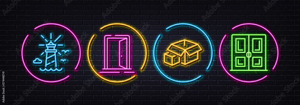 Open door, Packing boxes and Lighthouse minimal line icons. Neon laser 3d lights. Door icons. For web, application, printing. Entrance, Delivery package, Navigation beacon. Neon lights buttons. Vector