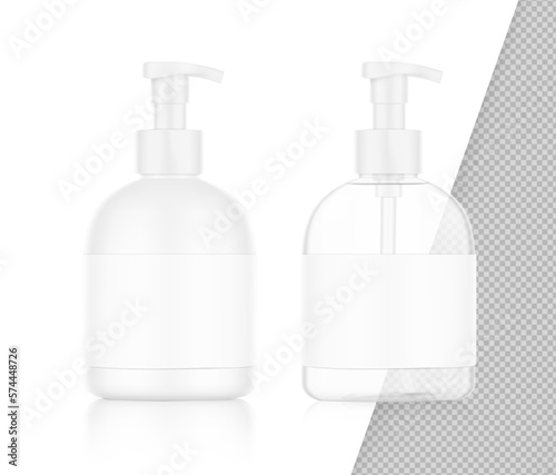Realistic bottle with plastic dispensers set. Vector illustration isolated on white background. Ready for use in presentation, promo, advertising and more. EPS10.