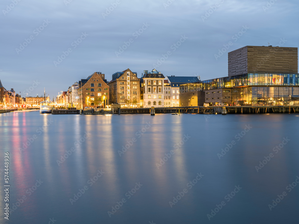 Christianshavns harbour buildings lights after sunset, Copenhagen, Denmark