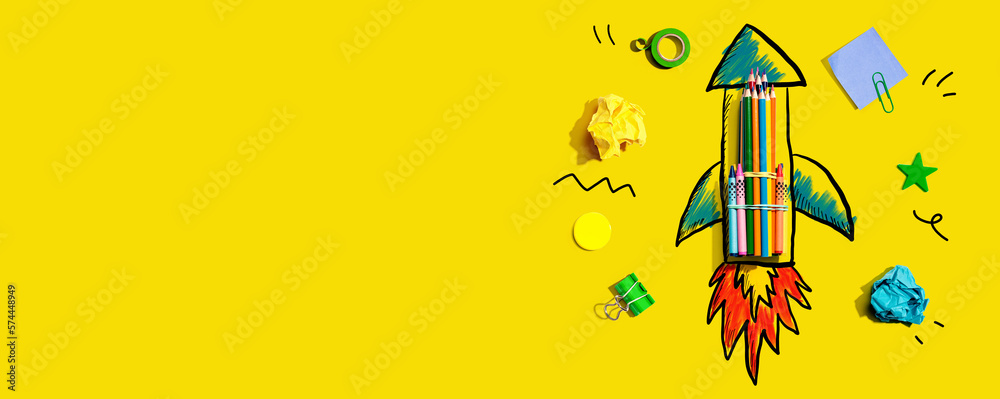 Back to school theme with a rocket with school supplies Back to school theme with a rocket with school supplies