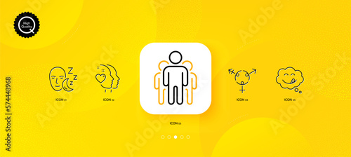 Heart, Group and Yummy smile minimal line icons. Yellow abstract background. Sleep, Genders icons. For web, application, printing. Love head, Managers, Comic chat. Dream face. Heart line icon. Vector