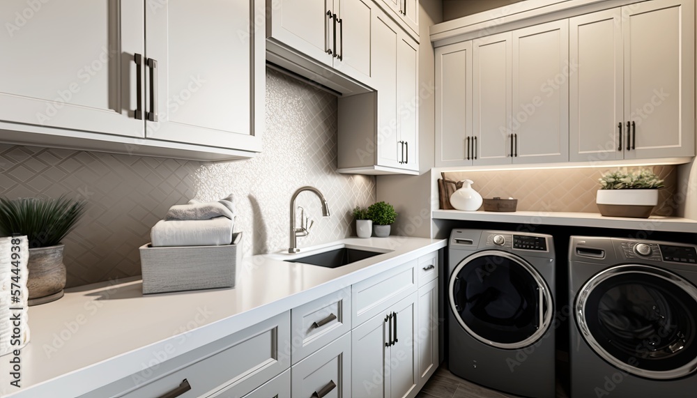 Laundry room in new custom built luxury home. Features sink, desk, and quartz counters and backsplash generative ai Laundry room in new custom built luxury home. Features sink, desk, and quartz counters and backsplash generative ai