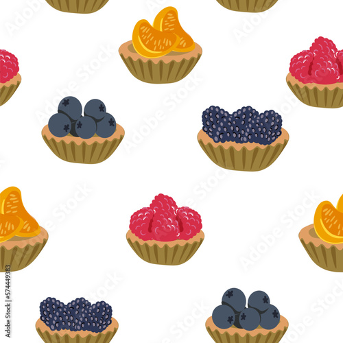 seamless pattern of isolated image of shortbread basket cake with fruits. blueberry, blackberry, raspberry and tangerine filling. flat style color vector illustration.food pattern collection