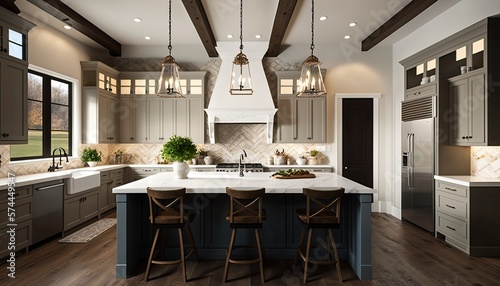 Traditional kitchen in beautiful new luxury home with hardwood floors, wood beams, and large island quartz counters. Includes farmhouse sink, elegant pendant lights, and large windows generative ai © 3D Station