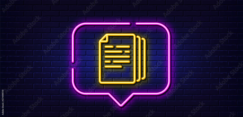 Neon light speech bubble. Copy documents line icon. Doc file duplicates sign. Office note symbol. Neon light background. Copy documents glow line. Brick wall banner. Vector Neon light speech bubble. Copy documents line icon. Doc file duplicates sign. Office note symbol. Neon light background. Copy documents glow line. Brick wall banner. Vector