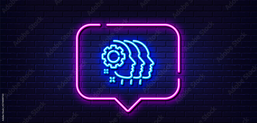 Neon light speech bubble. Employees teamwork line icon. Collaboration sign. Development partners symbol. Neon light background. Employees teamwork glow line. Brick wall banner. Vector Neon light speech bubble. Employees teamwork line icon. Collaboration sign. Development partners symbol. Neon light background. Employees teamwork glow line. Brick wall banner. Vector