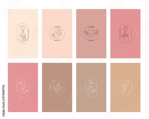 Esoteric minimalist logo set. Collection of posters and banners for website. Imagination and fantasy, mysticism. Candle, crescent moon, heart, hourglass and flower. Cartoon flat vector illustration