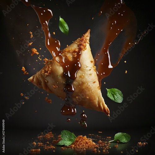 Indian Street Food Samosa. Crispy And Spicy Triangle Shape Snack, Homemade Samosa Indian Food, falling samosa