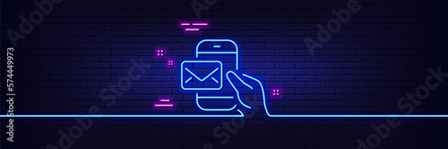 Neon light glow effect. Messenger Mail line icon. New newsletter sign. Phone E-mail symbol. 3d line neon glow icon. Brick wall banner. Messenger Mail outline. Vector