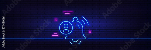 Neon light glow effect. User notification line icon. Alarm bell reminder sign. Message alert symbol. 3d line neon glow icon. Brick wall banner. User notification outline. Vector