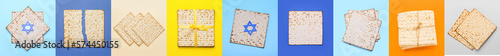 Collage with Jewish flatbread matza on color background photo