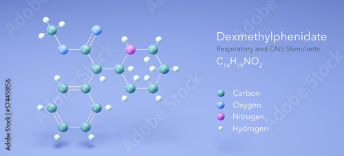 dexmethylphenidate molecule, molecular structures, Respiratory and CNS Stimulants, 3d model, Structural Chemical Formula and Atoms with Color Coding photo