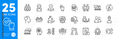 Outline icons set. Checkbox, Teamwork questions and Fingerprint icons. Group, Organic tested, Ranking web elements. Swipe up, Touchscreen gesture, Wash hands signs. Woman, Group people. Vector