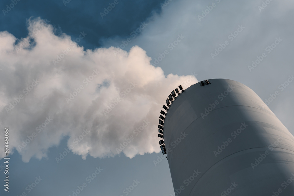 Close up CopenHill chimney with smoke, Vindmøllevej, Copenhagen, Denmark