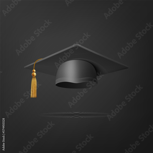 Vector 3d Realistic Black Graduate College, High School, University Black Cap Icon Closeup Isolated on Black Background. Vector Degree Ceremony Hat. Educational Student Symbol, Hat. Front View