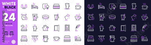 Tea mug, Led lamp and Mattress line icons for website, printing. Collection of Deluxe mattress, Cappuccino, Open door icons. Ceiling lamp, Tea cup, Latte web elements. Pillows, Entrance. Vector