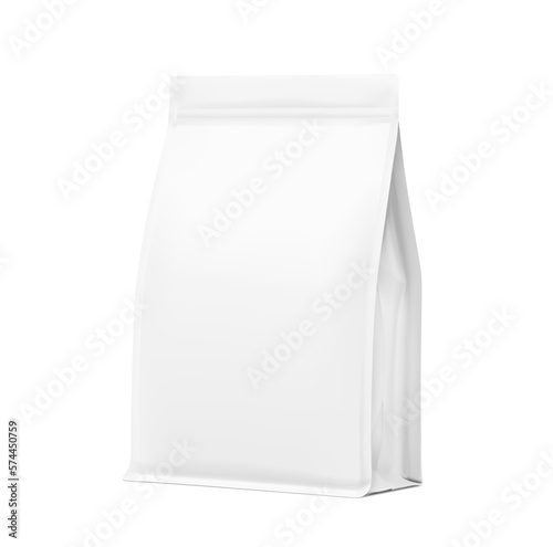 Realistic gusseted with flat bottom bag mockup. Vector illustration isolated on white background. Half side view. Can be use for template your design, presentation, promo, ad. EPS 10.	