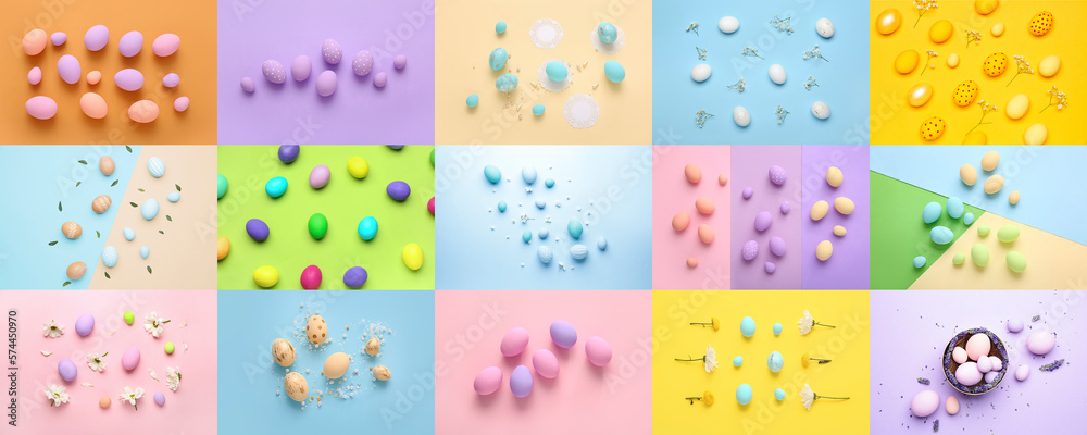 Collage with beautiful Easter eggs and flowers on color background Collage with beautiful Easter eggs and flowers on color background