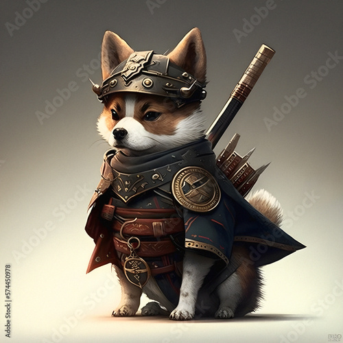 Cute dog as samurai, ai generative