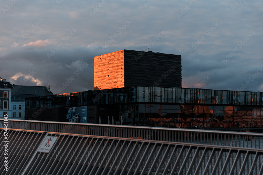 Black Diamond, Søren Kierkegaards Plads, Copenhagen, Denmark at sunset