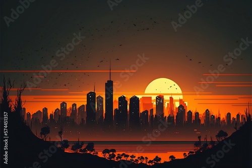 Cityscape with the sunset as a backdrop
