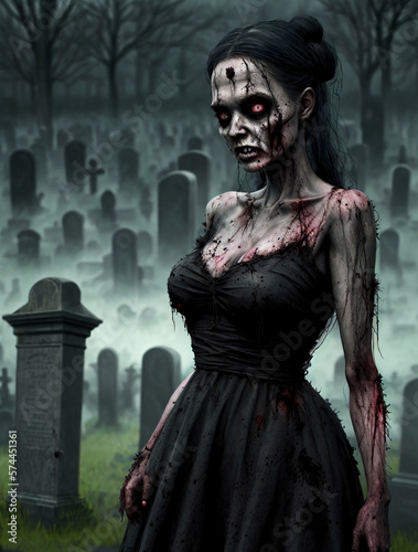 Portrait of a zombie woman on the background of cemeteries. Zombie Apocalypse concept. Generative AI 