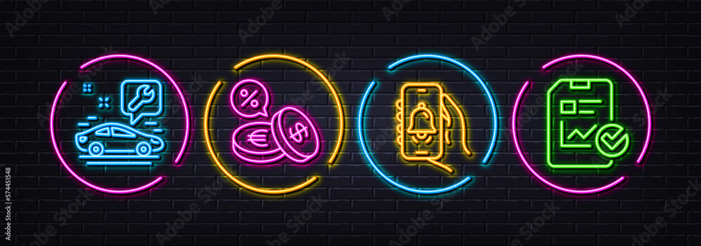 Bell alert, Currency exchange and Car service minimal line icons. Neon laser 3d lights. Report checklist icons. For web, application, printing. Alarm clock, Euro and usd, Repair service. Vector