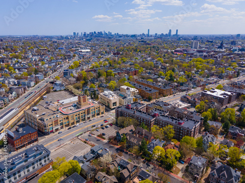Porter Square aerial view on Massachusetts Avenue at Somerville Avenue in spring in city of Cambridge, Massachusetts MA, USA.  photo