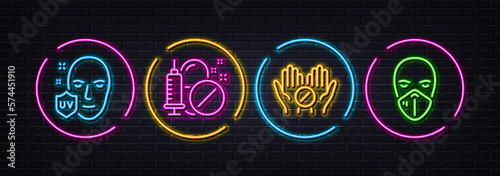 Medical tablet, Medical drugs and Uv protection minimal line icons. Neon laser 3d lights. For web, application, printing. Medicine pill, Medicine pills, Ultraviolet. Respirator. Vector