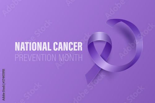 National Cancer Prevention Month Banner, Card, Placard with Vector 3d Realistic Lavender Ribbon on Lavender Background. Cancer Prevention Awareness Month Symbol Closeup. World Cancer Day Concept