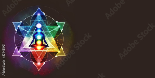 Meditating silhouette, lotus pose, activated chakra, merkaba is activated, elevation through meditation, concept, spirituality, cosmos, universe, soul, sacred geometry. Generative AI photo