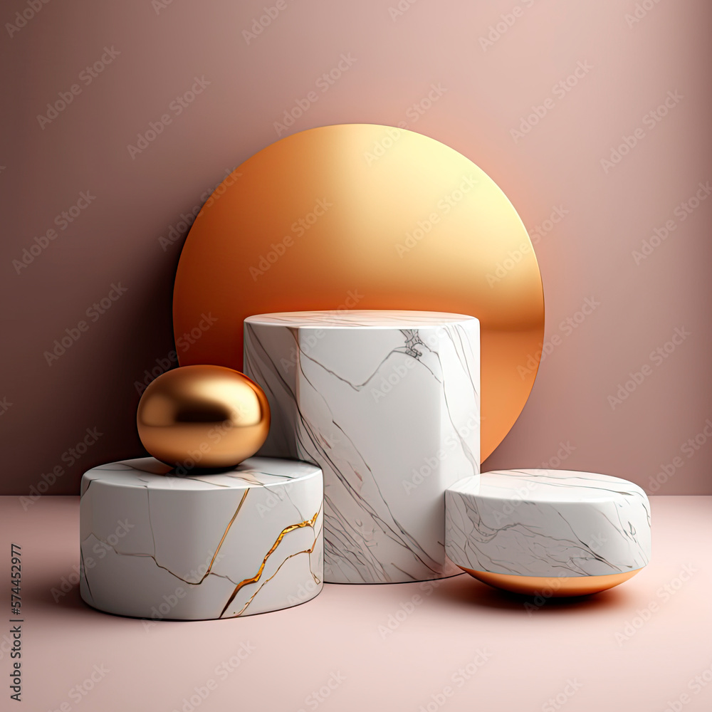 Abstract minimalist geometric background with shadow, empty podium and white rocks, gold blocks. Blank showcase with platform for product presentation Abstract minimalist geometric background with shadow, empty podium and white rocks, gold blocks. Blank showcase with platform for product presentation
